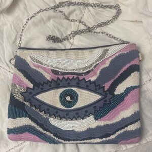 America &Beyond-  Embroidered Evil  Eye Clutch or crossbody - Blue, Pink,Silver